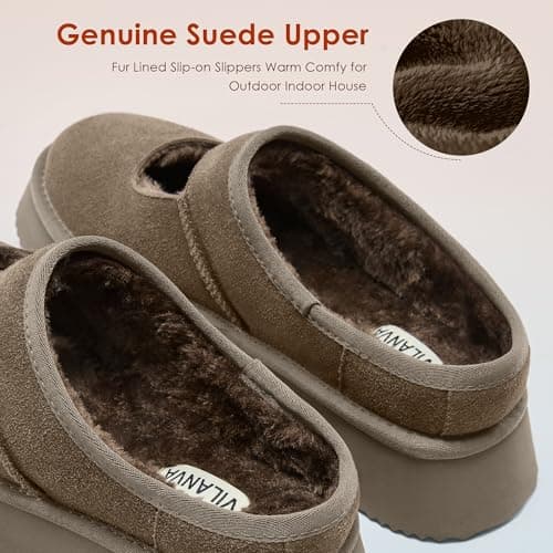 Vilanva Taupe Platform Slippers for Women Cozy Fur Lined Slip on Mary Jane Winter Shoes Warm Comfy House Slippers for Indoor Outdoor Size 9 - Thumbnail 5