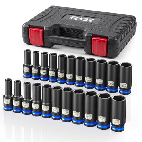 1/2" Drive Deep Impact Socket Set, SAE & Metric Sockets (5/16"-15/16" & 10-24mm), Professional CR-MO Steel, 6-Point for Impact Wrench, Automotive & Truck Repair Tool Kit - Image 1