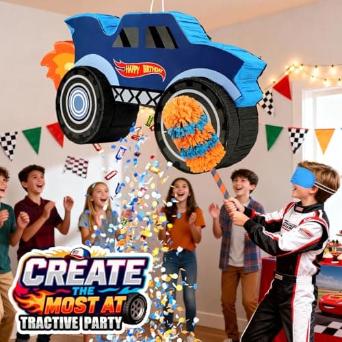 27" Race Car Piñata, Monster Truck Pinata Bundle with Blindfold and Bat Party Favors for Kids Boys Exciting Party Games Supplies - Thumbnail 3