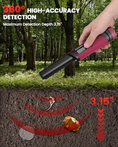 DR.ÖTEK Metal Detector Pinpointer, IP68 Fully Waterproof Underwater Pinpointer Metal Detector with LCD Screen & LED Light 360° Accurate High-Sensitivity Detection, Handheld Wand for Adults & Kids, Red - Thumbnail 2