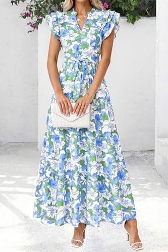 dowerme Women Summer Maxi Dresses 2026 Ruffle Sleeve V Neck Floral Boho Long Dress Belted Tiered Sundress with Pockets(Floral White Multicolored,Small) - Thumbnail 3