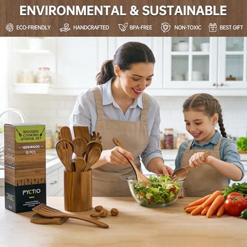 12 PCS Acacia Wooden Spoons for Cooking - Heat-Resistant, Comfort Grip,Easy to Clean, Non-stick Friendly - Kitchen Utensil Set with Holder, Spoon Rest & 6 Hooks, Ideal for Gifting - Thumbnail 5