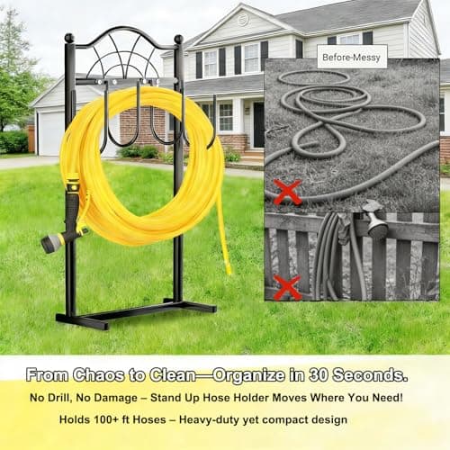 SHOMEXTOL Garden Hose Holder,Upgraded Freestanding Hose Holder with 4 Spikes, Heavy Duty Metal Hose Reel,Sturdy Hose Stand Holds up to 100ft Hose for Outside,Yard & Lawn Garden,Black - Thumbnail 6