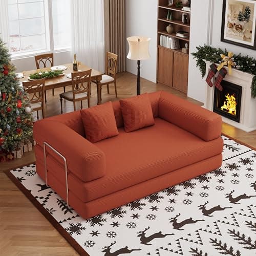 BSHOMGI 4-in-1 Foldable Sofa Bed Teddy Fabric Foam-Filled Compressed Couch, Convertible Loveseat Sofa, Boneless FoldingSleeper for Living Room, Guest Bed, Playroom (Orange, 59” 2 Seat) - Image 1