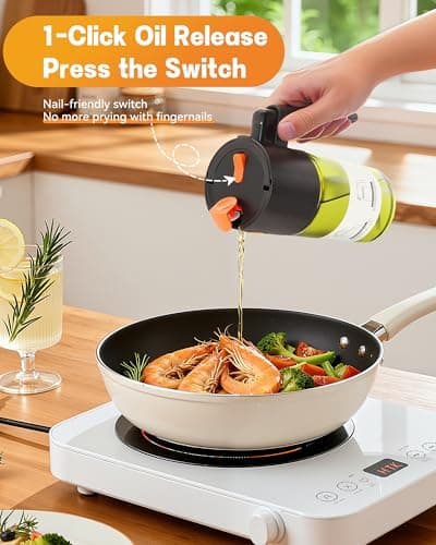 OURCABECUE Upgrade 2 in 1 Oil Sprayer for Cooking, 17oz Light-Blocking Glass Olive Oil Dispenser Bottle for Kitchen, Food-Grade Oil Mister with 8 Stickers for Salad, Frying (Green Bottle-Black Gap) - Thumbnail 4