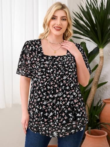 Amrto Plus Size Tops for Curvy Women, Womens Plus Size Tops Chiffon Square Neck Short Sleeve Flowy Casual Shirt Curvy Loose Fit Tunic Blouses Dressy Fashion 2025 Summer Blouses, Floral Black, XXXL - Thumbnail 3
