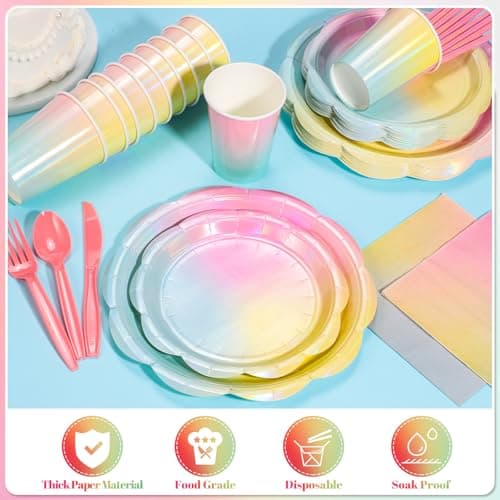 NatNarr 200 Pcs Iridescent Pastel Party Supplies Decorations, 25 Guest Scalloped Iridescent Pastel Plates and Napkins, Holographic Rainbow Plates Cups Napkins Straw Silverware for Girls Birthday - Thumbnail 4