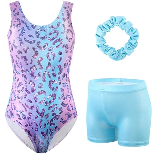 HOZIY Kids Leotards Gymnastics Biketards Unitards with Shorts Hairband Sparkly 3 Piece Sleeveless Activewear Tumbling Dance Outfits Leopard Purple Size 8-9 - Image 1