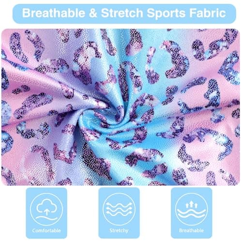 HOZIY Kids Leotards Gymnastics Biketards Unitards with Shorts Hairband Sparkly 3 Piece Sleeveless Activewear Tumbling Dance Outfits Leopard Purple Size 8-9 - Thumbnail 5