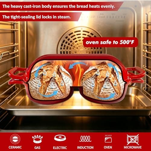 Double Loaf Dutch Oven with Lid, Enameled Cast Iron Bread Pan, Dual Compartment for Baking Sourdough Loaves, Even Heat, Non-Stick And Oven Safe 500°F, Red - Thumbnail 4