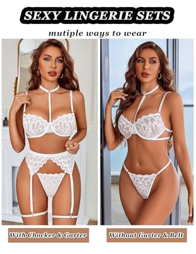 Avidlove Lingerie For Women Sexy Bra And Panty Sets With Garter Belt 3 Piece Underwire Lingeries Set Babydoll Bodysuit White - Thumbnail 3