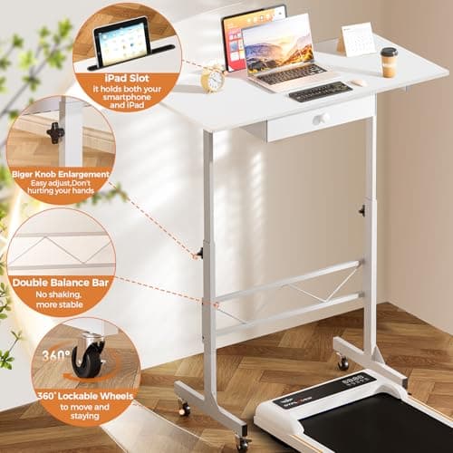 COMHOMA Small Standing Desk Adjustable Height Small Computer Desk Mobile Portable Rolling Laptop Table with Wheels 32" Computer Workstation Sit Stand Desks Portable Standing Table Treadmill desks - Thumbnail 5