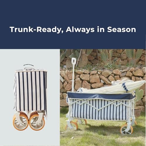 DEER LAND Beach Wagon Cart with Big 6.7" Fat Tires, Foldable Sand Wagon for Beach, Camping & Outdoor Use – Large Capacity, Easy Pull Design, Heritage Navy Stripe - Thumbnail 4