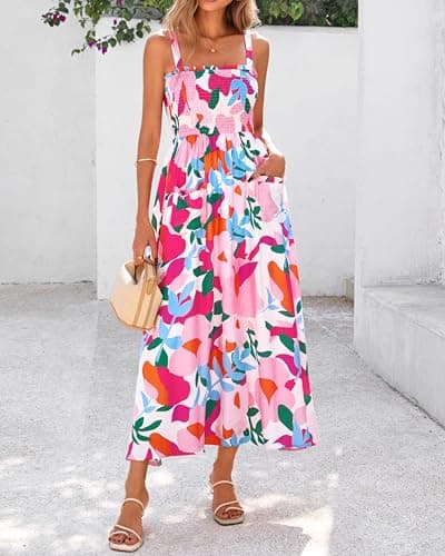 PRETTYGARDEN Womens Summer Dresses 2026 Casual Spaghetti Strap Ruffle Smocked Flowy Floral Spring Maxi Dress with Pocket(Apricot Rose Red Flower,XX-Large) - Thumbnail 2