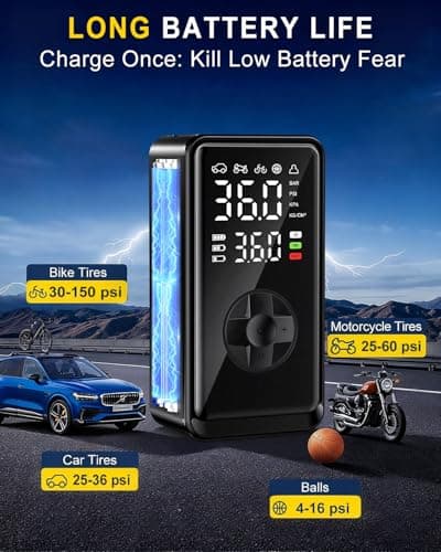 Tire Inflator Portable Air Compressor, Auto Air Pump for car tires with Digital Tire Pressure Gauge, Dual Digital LCD, Pocket Air Compressor for Cars, Bike, Motorcycle, Ball - Thumbnail 3
