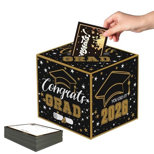 2026 Black Gold Graduation Card Box & 45 Advice Card Set - Congrats Grad Card Holder with Wishing Cards for Graduation Party Decor - Image 1