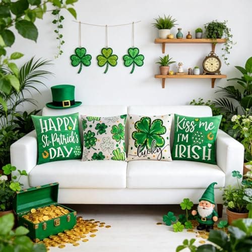 REBANDEN St. Patrick's Day Pillow Covers Decoration 18 x 18 inches 4-Piece Set Green Pillow Covers Lucky Clover Spring Pillow Covers Sofa Home - Thumbnail 4