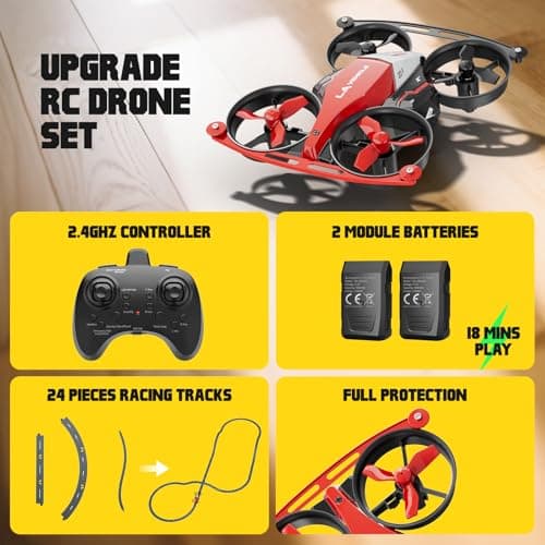 Drones for Kids 8-12, Mini Indoor Drone with 24 Piece Track Set, 2 in 1 RC Quadcopter & Flying Car Toys for Age 10-14 Boys with Jump Fly, Land Mode, Railcar Race,360 Flips,2 Batteries,Altitude Hold - Thumbnail 6