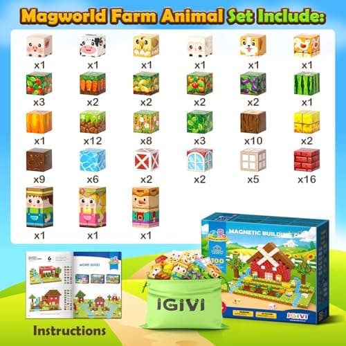 1" Magnetic Blocks - Build Mine Magnet World Farm Animals Set, 100PCS Vibrant Colorful Magnetic Blocks with Ultra Magnet Strength for Kids Ages 3-12, STEM Toys Ideal Gifts for 3+ Years Old Boys Girls - Thumbnail 3