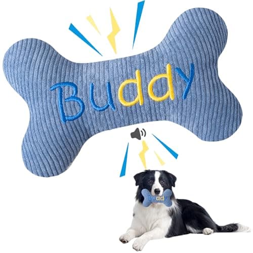 2026 Squeaky Dog Toys, Embroidered Bone Shape Blue Corduroy Pet Pillow 8"x5" Cute Soft Cotton Filled Dog Chew Puzzle Toy Birthday Holiday Fun Gifts Contrast "Buddy" Text for Small Medium Large Dogs - Image 1