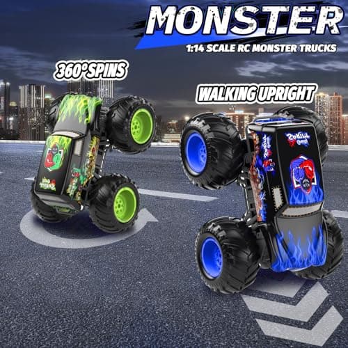 LAZZAROU 1:14 Waterproof Remote Control Car, Front & Rear Wheelie Monster Truck, Amphibious RC Truck with 2 Sets of Rechargeable Batteries and AAA Batteries, 4WD Off-Road Vehicle for Kids Ages 6-12 - Thumbnail 2