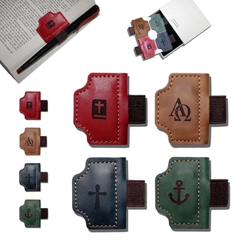 Buyborgood 4 Pcs Personalized Magnetic Leather Bookmark Pen Holder Book Lovers Christian Gifts Bygone Mark for Reading, Red-Bible + Brown-AΩ + Blue-Cross + Green-Anchor - Image 1
