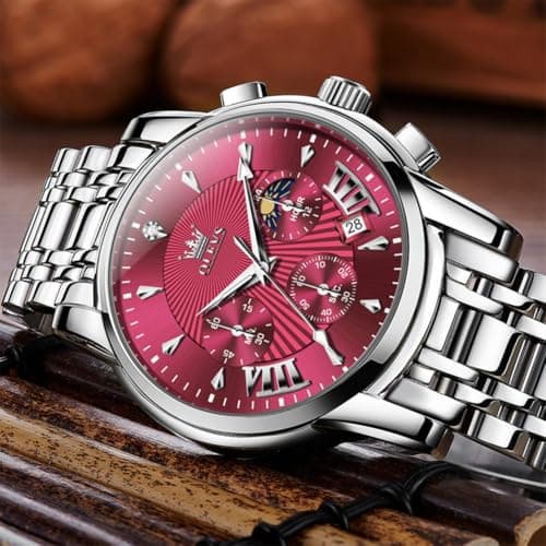 OLEVS Watch Men Red Face Watches for Men Silver Mens Watches Luxury Reloj para Hombre Analog Quartz Dress Stainless Steel Waterproof Chronograph Moon Phase Date Diamond Men's Wrist Watch - Thumbnail 3