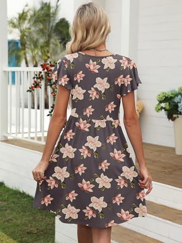 Heymoments Women Summer Dress Rosybrown Hibiscus Small Ruffle Sleeve V Neck Casual Cute Loose Sundress Comfy Swing Midi Work Flowy Tunic Ladies Beach Vacation Teacher Dresses with Pockets - Thumbnail 5