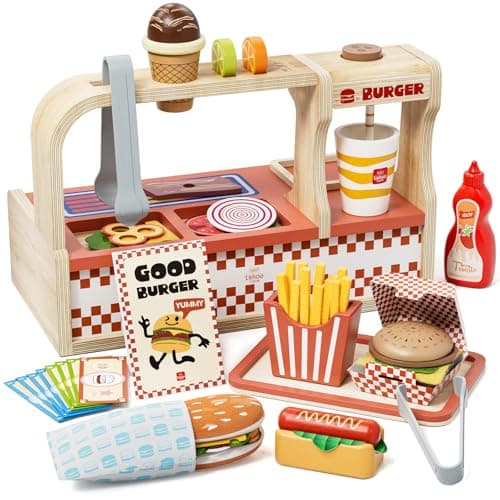 Lehoo Castle Wooden Play Food Sets, Play Hamburger Counter Shop, Toy Food for Toddlers, Play Food Sets for Kids Kitchen, Fake Food Pretend Play for Toddlers 3-5 - Image 1
