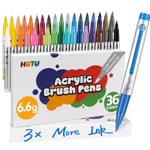 HOTU High Opacity Acrylic Paint Markers Brush Tip 36 Colors, Automatic Ink Control Acrylic Markers for Adults Coloring Book No bleeding, Paint Pens for Rock Painting Fabric Wood Eggs DIY Crafts