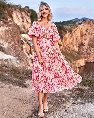 BTFBM Summer Dresses for Women 2026 Spring Outfits Beach Vacation Short Sleeve Smocked Boho Casual Floral Maxi Dress(Floral Pink Red, Medium) - Thumbnail 6
