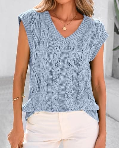 BTFBM Sweater Vest Women Oversized V Neck Cable Knit Casual Pullover Sweaters Fall Outfits 2025 Sleeveless Tops(Light Blue, Small) - Thumbnail 5