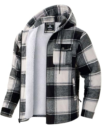 G Gradual Men's Flannel Jacket Fleece Sherpa Lined Hoodies Zip Up Plaid Shirt Warm Winter Jackets for Men with Zipper Pockets(Black White,S) - Image 1