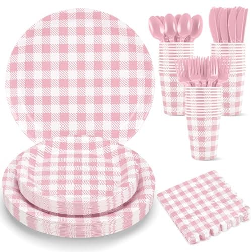 NatNarr 175 Pcs Gingham Paper Plates, Pink Gingham Party Supplies Include Pink Plates and Napkins Cups Disposable Checkered Dinnerware Set for Picnic, Baby Shower, Wedding - Image 1