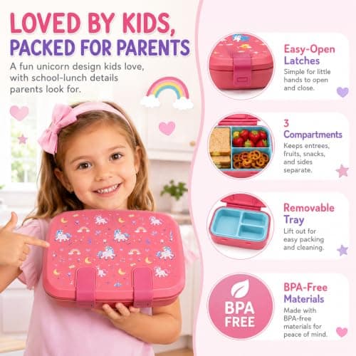 MISS BIG Bento Lunch Box for Kids, Pink Unicorn, 3 Compartments, 800ml - Thumbnail 3