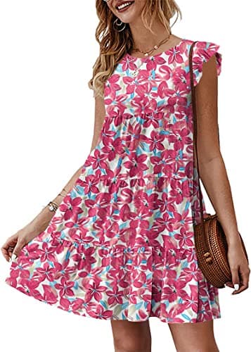 KIRUNDO Vacation Dresses for Women 2026 Summer Sleeveless Boho Floral Mini Ruffle Sleeve Round Neck Loose Short Flowy Pleated Babydoll Beach Sun Dress, Floral3-rose Red, XX-Large - Image 1