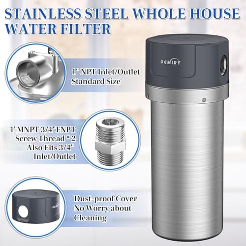 OEMIRY Whole House Water Filter, Stainless Steel Filter Housing, 10"x4.5" Sediment Filter Pre-Filtration System for Well or City Water, 1" or 3/4" NPT Port, 1 Filter - Thumbnail 5