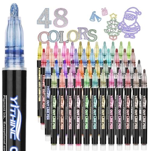 YITHINC Easter Basket Stuffers, 48 Glitter Self Outline Shimmer Markers Metallic Coloring Pens, Art and Craft Supplies for Kids Ages 4-12, Tween Teen Girl Birthday Gifts Trendy Stuff - Image 1