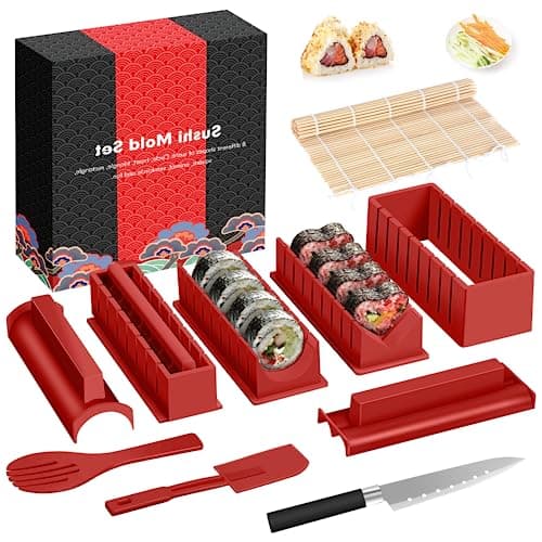 HI NINGER Sushi Making Kit Deluxe Edition Complete Sushi Maker Kit 12PCS Home Sushi Mold Press with Sushi Rice Roll Mold Shapes,Fork , Sushi Knife,Sushi Rolling Mat,Chopsticks - Image 1