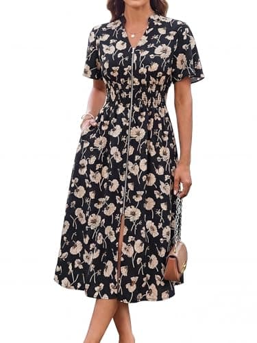 GRACE KARIN Womens Summer Maxi Floral Dress Casual 2026 Long Zipper Dresses Boho Flowy Beach Vacation Sundress with Pockets Black Floral M - Image 1