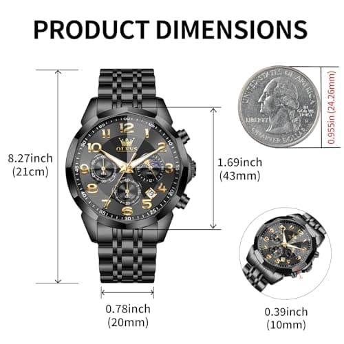 OLEVS Watch Men Black Watches for Men Luxury Big Face Stainless Steel Dress Analog Quartz Easy Read Mens Watches Classic Casual Waterproof Moon Phase Chronograph Men's Watch - Thumbnail 4