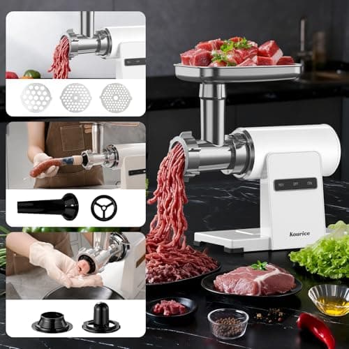 Kourice White Electric Meat Grinder – 4 Lbs/Min High-Speed Meat Mincer & Sausage Stuffer for Home Kitchen, Auto-Reverse, 2 Blades, 3 Grinding Plates & Kubbe Kit - Thumbnail 3