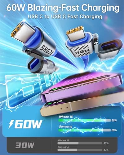 Vexipia 4 in 1 USB C Cable 60W Fast Charging & Data Transfer, Thicker Silicone Multi Charger Cord for iPhone iPad Charger Wire Combo with L/Type C/USB A for iPhone 16/15/Macbook (Blue) - Thumbnail 3