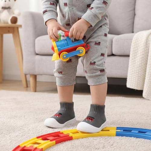 STQ Wide Toe Box Baby Sock Shoes Baby First Walking Shoes Infant Non-Slip Breathable Slippers with Soft Sole Toddler Boys Girls Slip On Barefoot Sneakers Grey Train 6-9 Months - Thumbnail 3