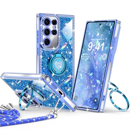 XYZ for Galaxy S25 Ultra Case, Glitter Bling Phone Cover with 2-Ring Heart Stand & Lanyard, Women Girls Luxury Rhinestone Shockproof Protective Case para Samsung S25 Ultra, Blue - Image 1