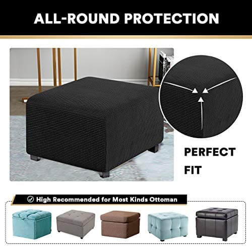 PrinceDeco Stretch Ottoman Cover Ottoman Slipcovers Square for Living Room Foot Stool Stretch Covers to Fit Ottoman Foot Rest, Thick Checked Jacquard Fabric with Elastic Bottom (Medium Size, Black) - Thumbnail 4