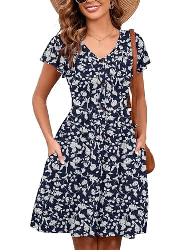 Heymoments Women Summer Dress Silhouette X-Large Ruffle Sleeve V Neck Casual Cute Loose Sundress Comfy Swing Button Down Midi Work Flowy Tunic Ladies Beach Vacation Teacher Dresses with Pockets - Image 1