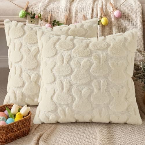 decorUhome Easter Bunny Pillow Covers 16x16 Inch Set of 2, Soft Plush Faux Wool Jacquard Beige Rabbit Cushion Covers, Farmhouse Neutral Spring Easter Holiday Decor for Couch Sofa Bed - Thumbnail 6