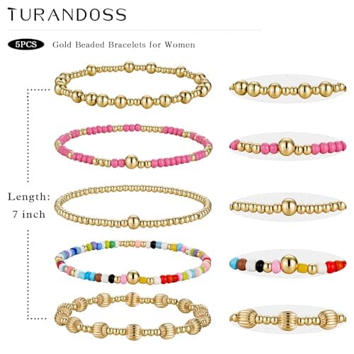 Turandoss 5PCS Gold Beaded Bracelets for Women Jewelry Gifts - Dainty 14K Gold Plated Bead Ball Bracelets for Women Colorful Beaded Stretch Bracelet Birthday Jewelry Gifts for Her Mom Daughters - Thumbnail 5