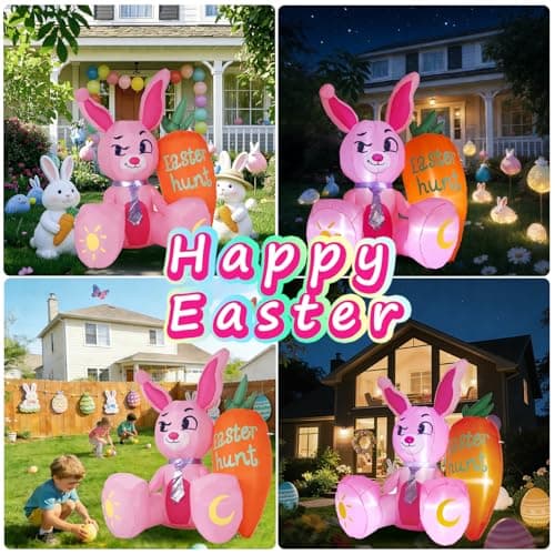 KISSUNY 5.15ft Easter Inflatables Outdoor Decorations Pink Bunny with Orange Carrot Blow Up Yard Decor with Built-in LEDs and Anchor Kit for Easter Egg Hunt Party Garden Lawn Patio Ornament - Thumbnail 6